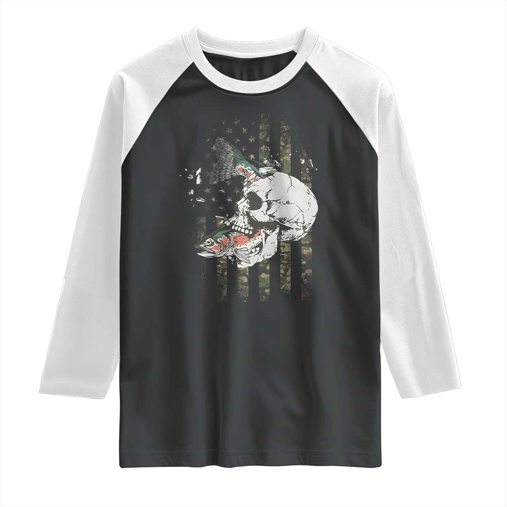 Halloween Fishing Skeleton Skull Raglan Shirt American Flag Camo Fish Skull Fisherman Gifts