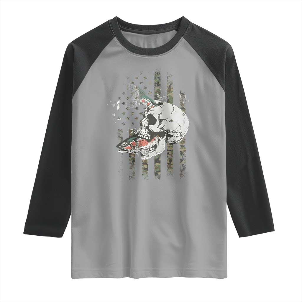 Halloween Fishing Skeleton Skull Raglan Shirt American Flag Camo Fish Skull Fisherman Gifts
