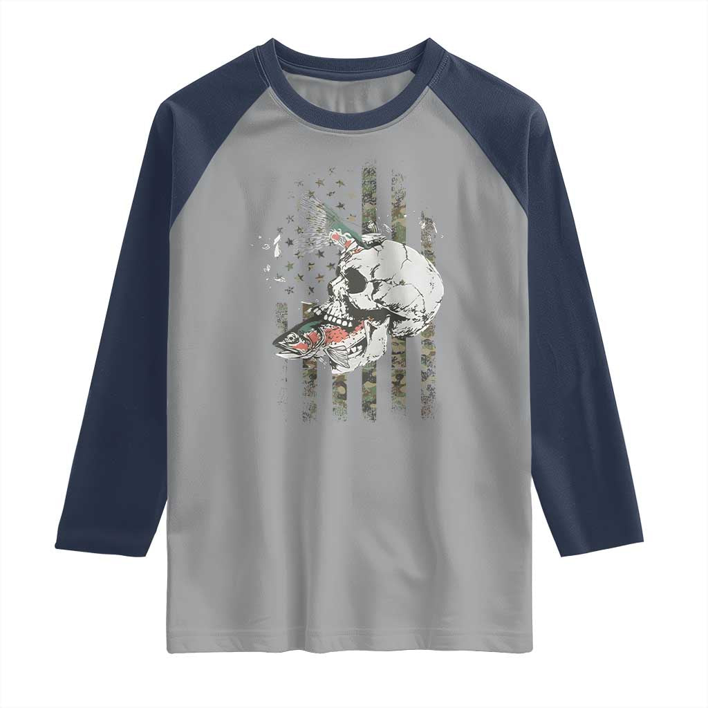 Halloween Fishing Skeleton Skull Raglan Shirt American Flag Camo Fish Skull Fisherman Gifts