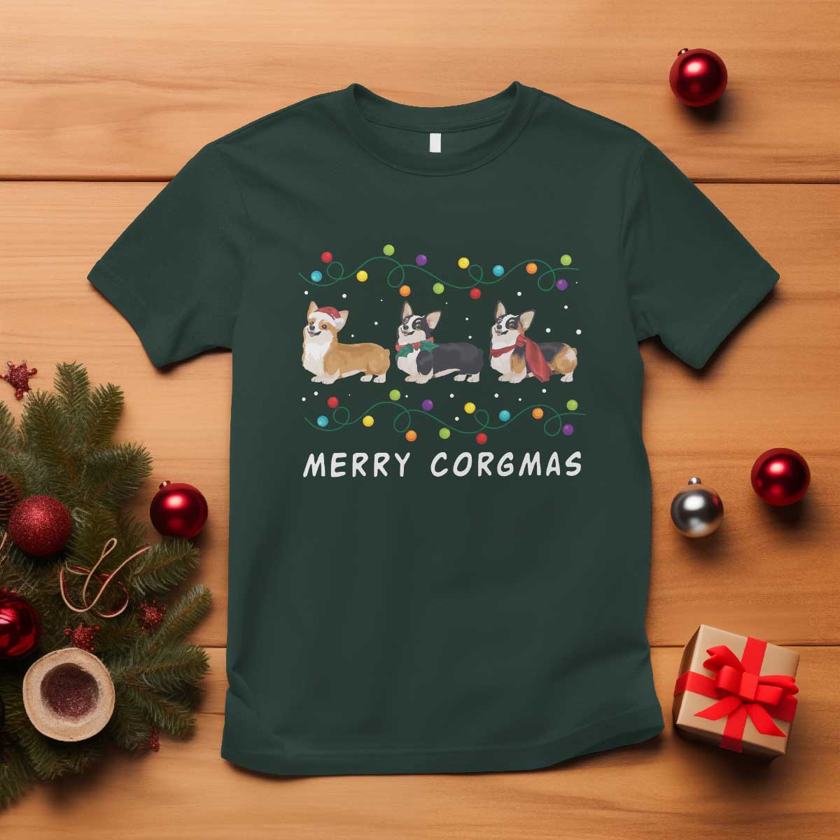 Corgi Dog Christmas T Shirt Merry Corgmas Santa Tree Lights Xmas Dog Mom Ugly - Wonder Print Shop