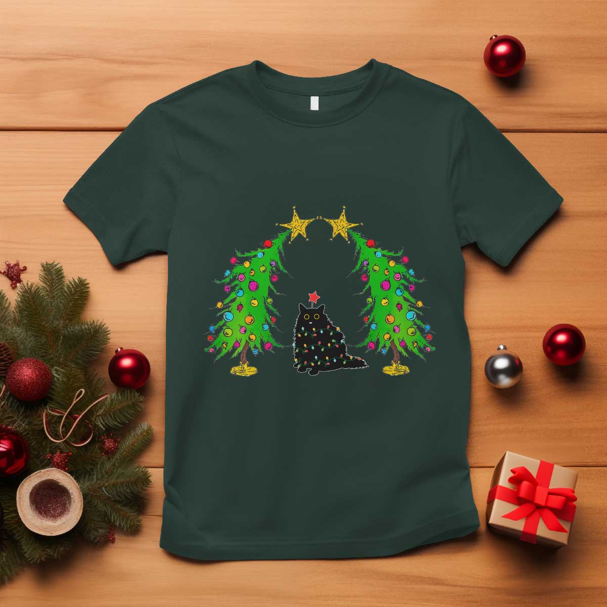 Cute Cat Christmas T Shirt Kitty Cat Lover Xmas Tree Lights - Wonder Print Shop
