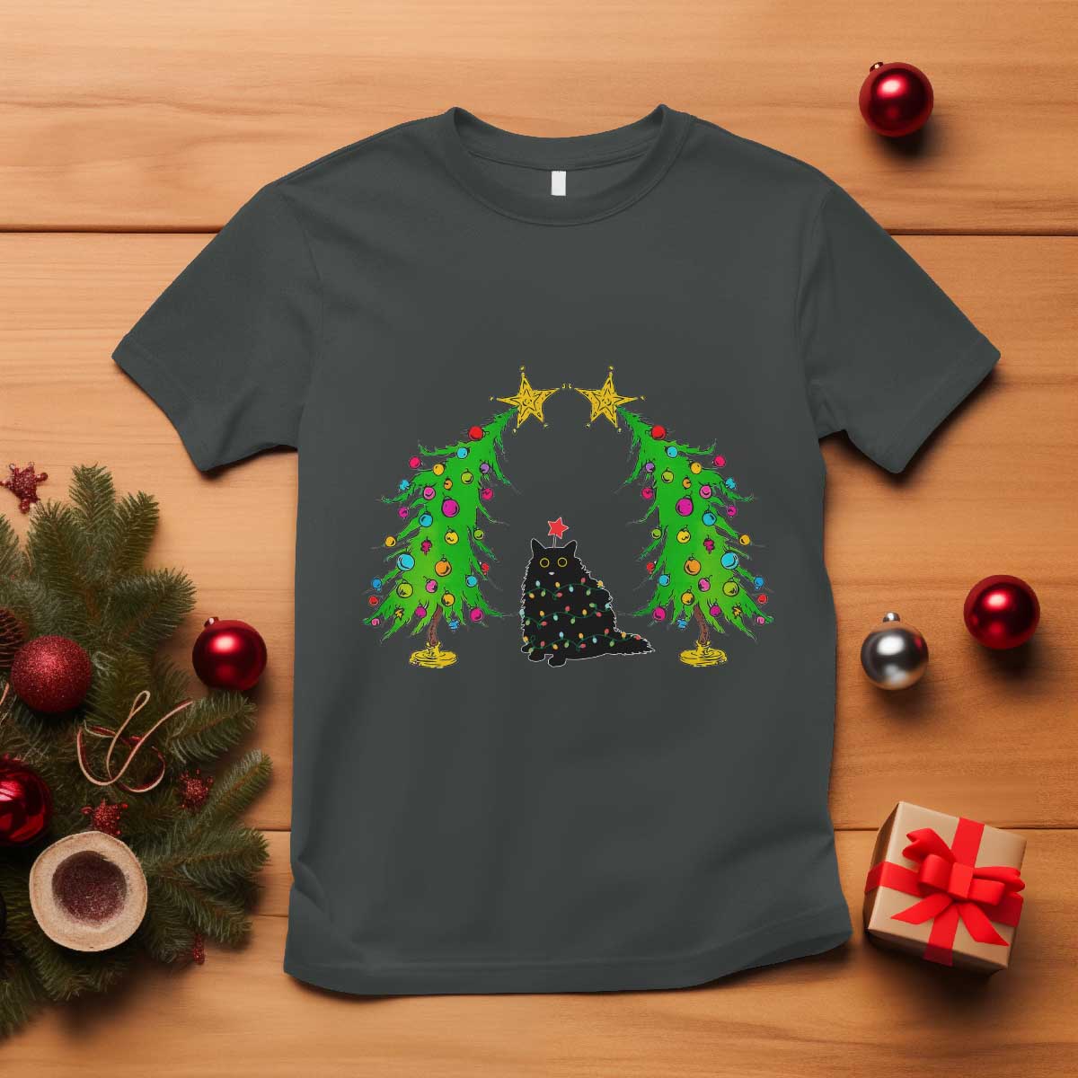 Cute Cat Christmas T Shirt Kitty Cat Lover Xmas Tree Lights - Wonder Print Shop