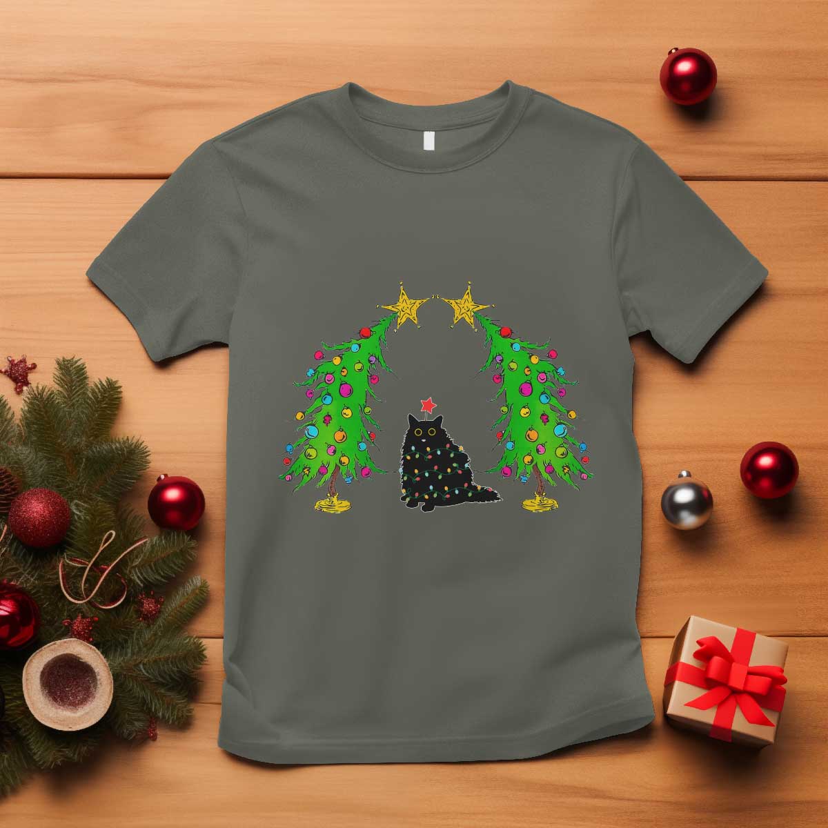 Cute Cat Christmas T Shirt Kitty Cat Lover Xmas Tree Lights - Wonder Print Shop