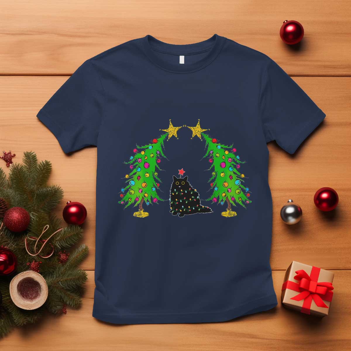 Cute Cat Christmas T Shirt Kitty Cat Lover Xmas Tree Lights - Wonder Print Shop
