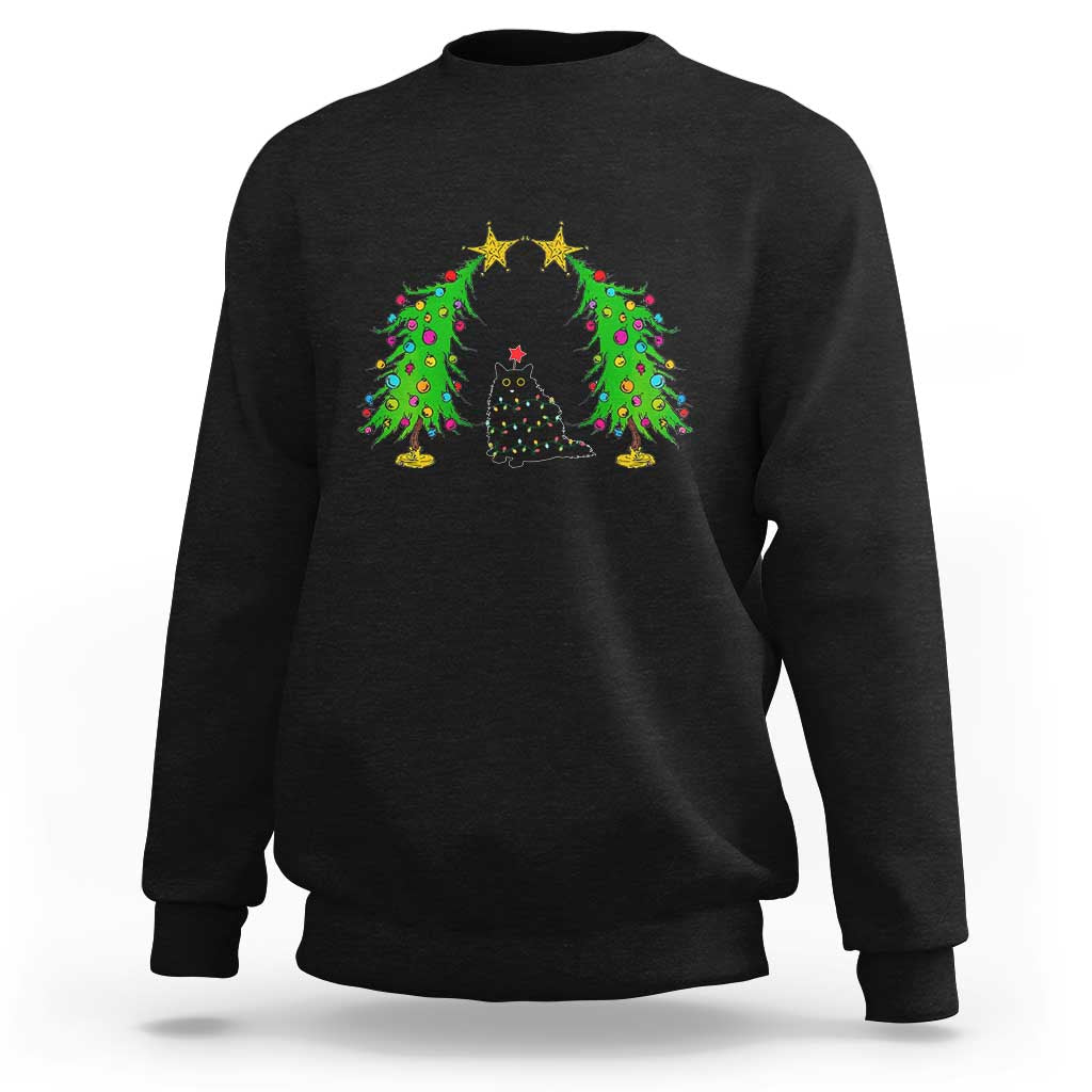 Cute Cat Christmas Sweatshirt Kitty Cat Lover Xmas Tree Lights - Wonder Print Shop