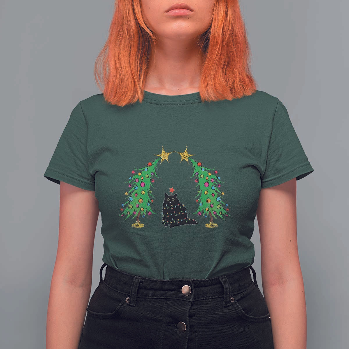 Cute Cat Christmas T Shirt For Women Kitty Cat Lover Xmas Tree Lights - Wonder Print Shop