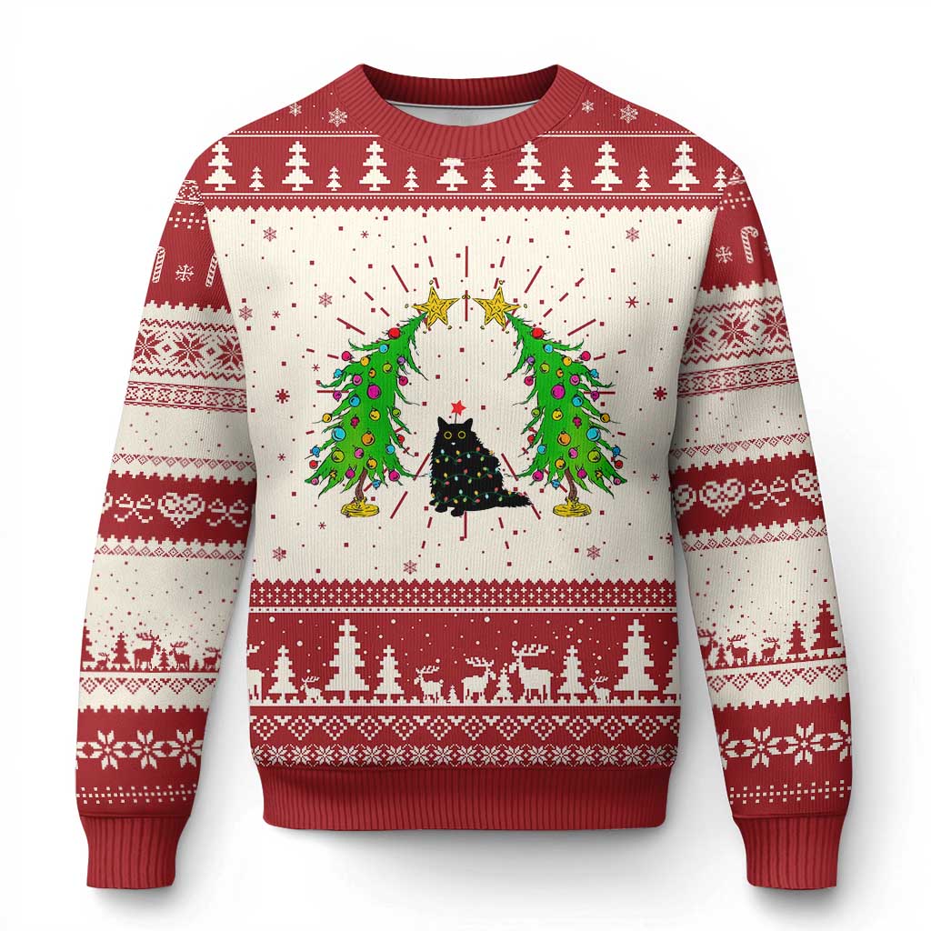 Cute Cat Ugly Christmas Sweater Kitty Cat Lover Xmas Tree Lights - Wonder Print Shop