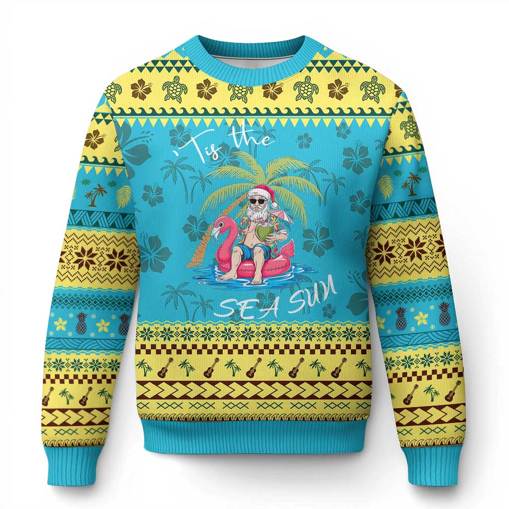 Hawaiian Ugly Christmas Sweater Santa Tis The Sea Sun Beach Hawaii Xmas In July Tropical Xmas Gift Family Holiday - Wonder Print Shop