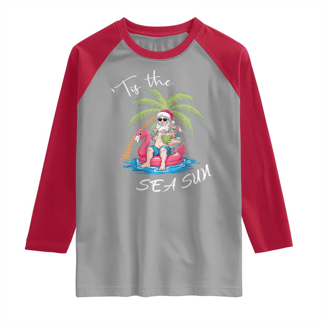 Hawaiian Christmas Santa Raglan Shirt Tis The Sea Sun Beach Hawaii Xmas Tropical Xmas