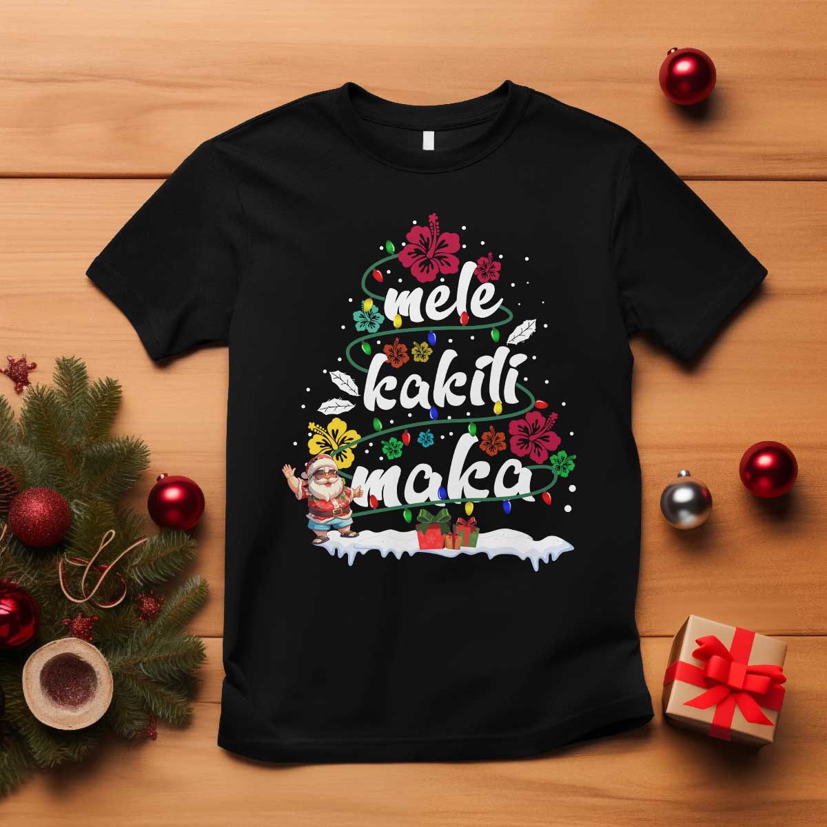 Hawaiian Christmas Tree T Shirt Mele Kalikimaka Beach Family Vacation Xmas Hawaii Santa - Wonder Print Shop