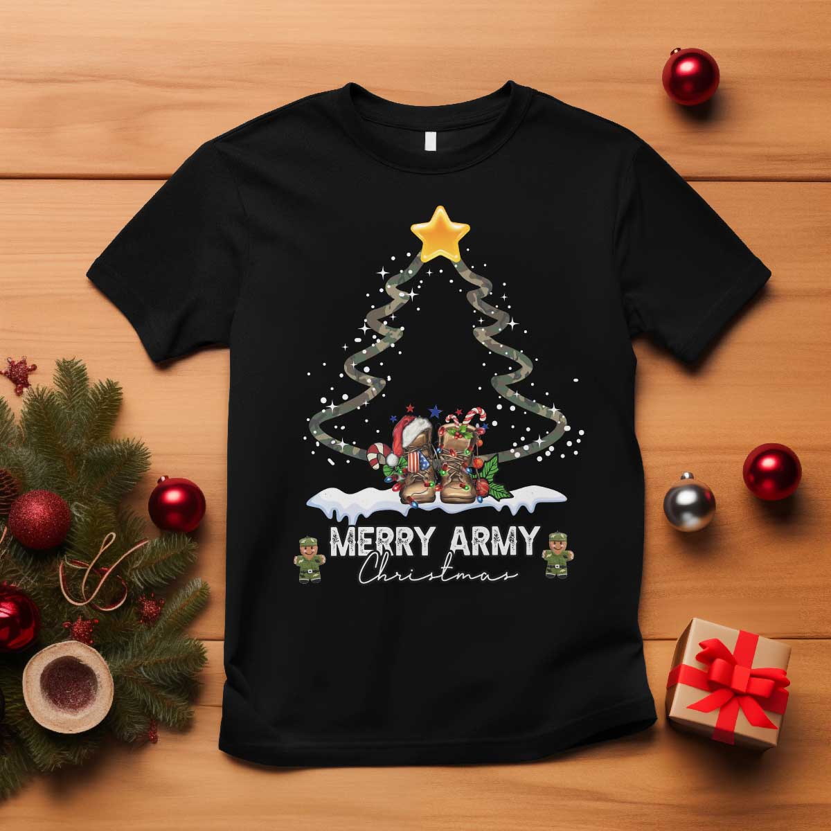 Merry Army Christmas T Shirt Military Family Veteran Xmas Gift Camo Boots - Wonder Print Shop