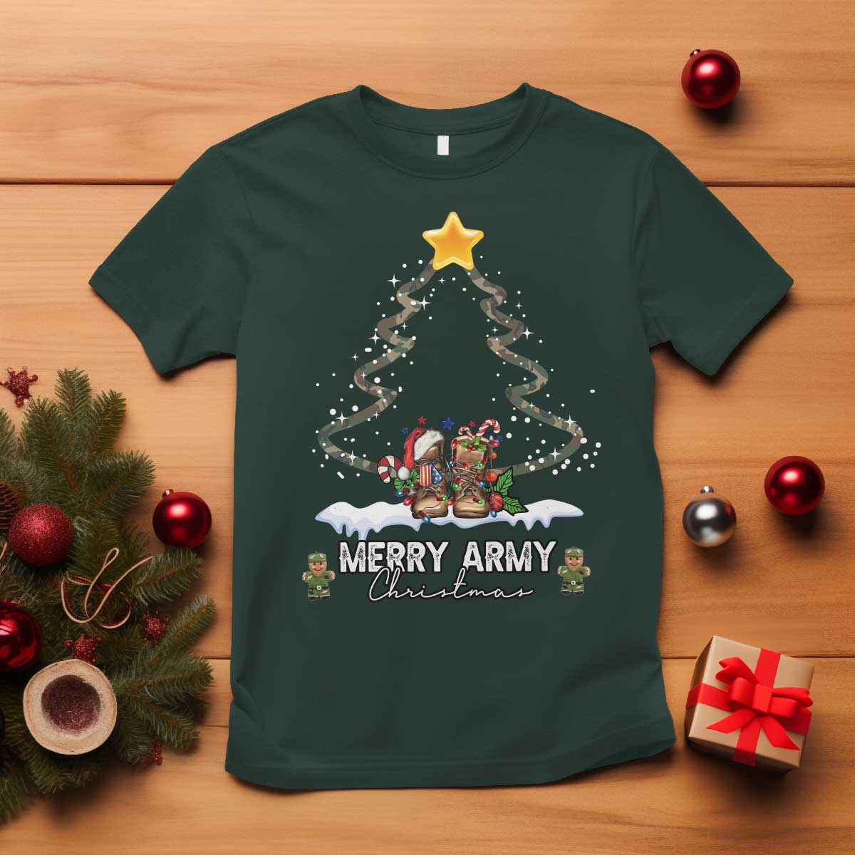 Merry Army Christmas T Shirt Military Family Veteran Xmas Gift Camo Boots - Wonder Print Shop