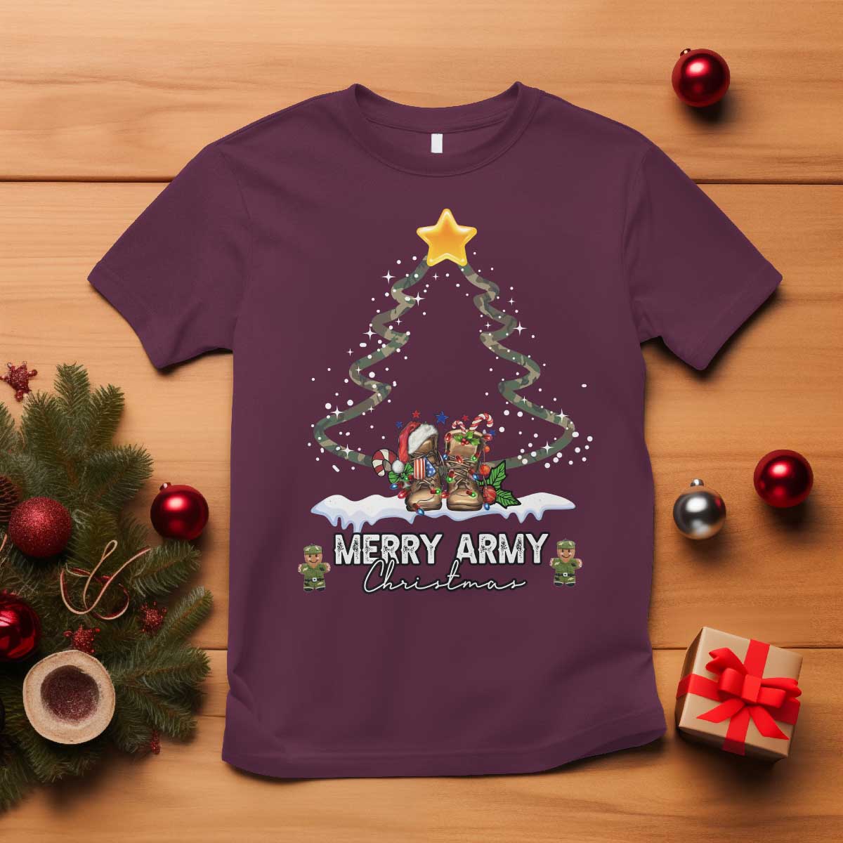 Merry Army Christmas T Shirt Military Family Veteran Xmas Gift Camo Boots - Wonder Print Shop