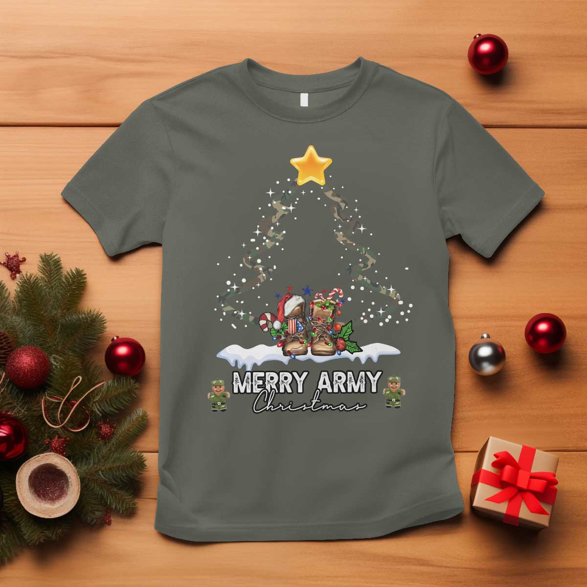 Merry Army Christmas T Shirt Military Family Veteran Xmas Gift Camo Boots - Wonder Print Shop