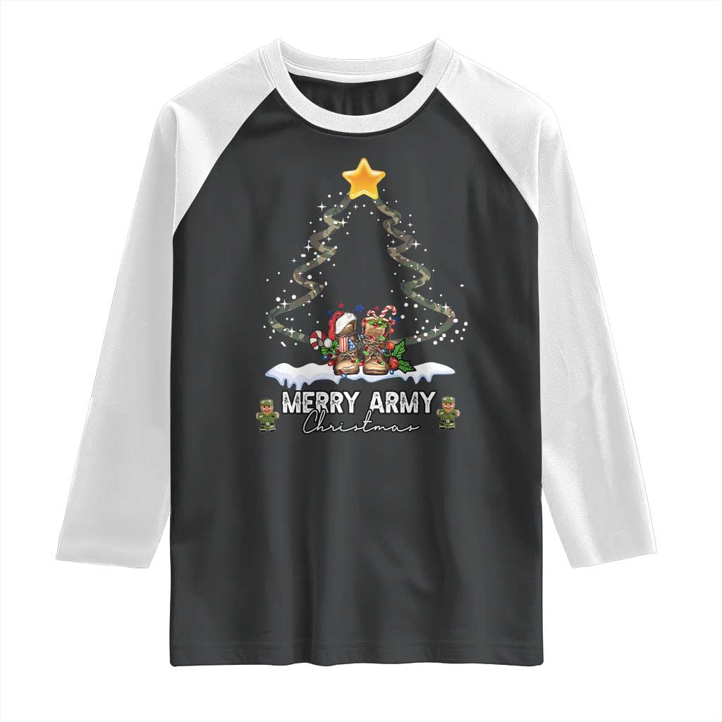 Merry Army Christmas Raglan Shirt Military Family Veteran Xmas Gift Camo Boots