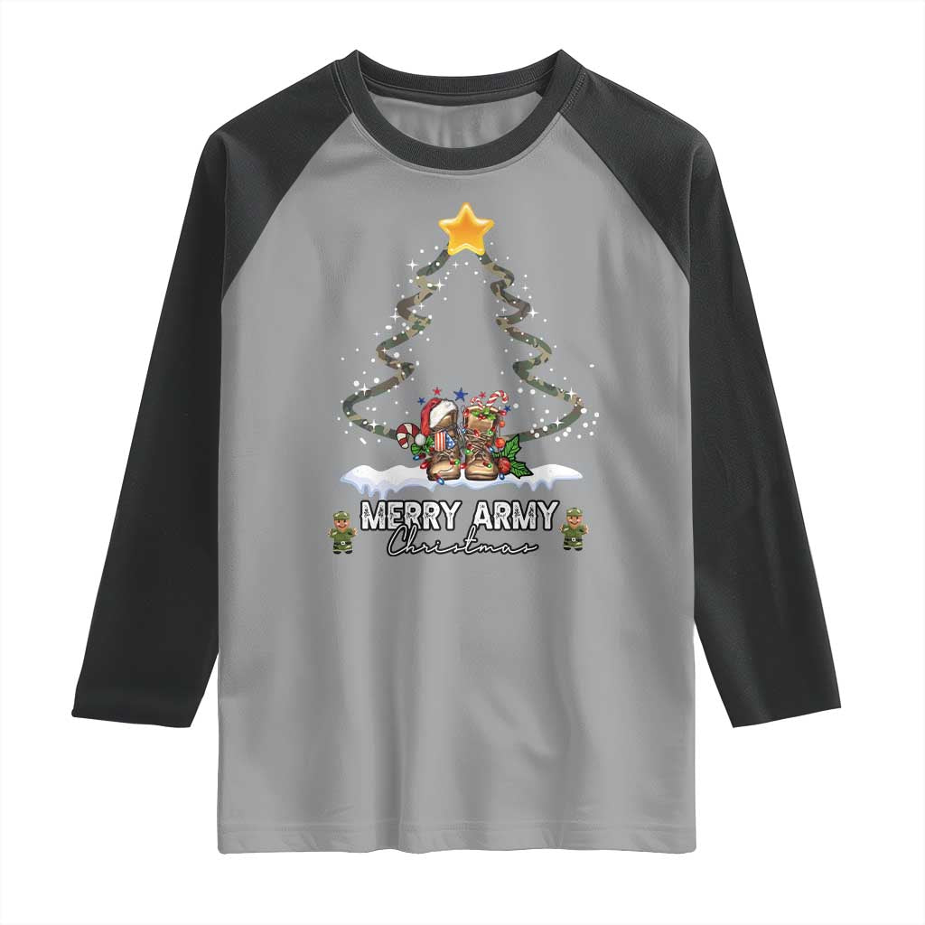 Merry Army Christmas Raglan Shirt Military Family Veteran Xmas Gift Camo Boots