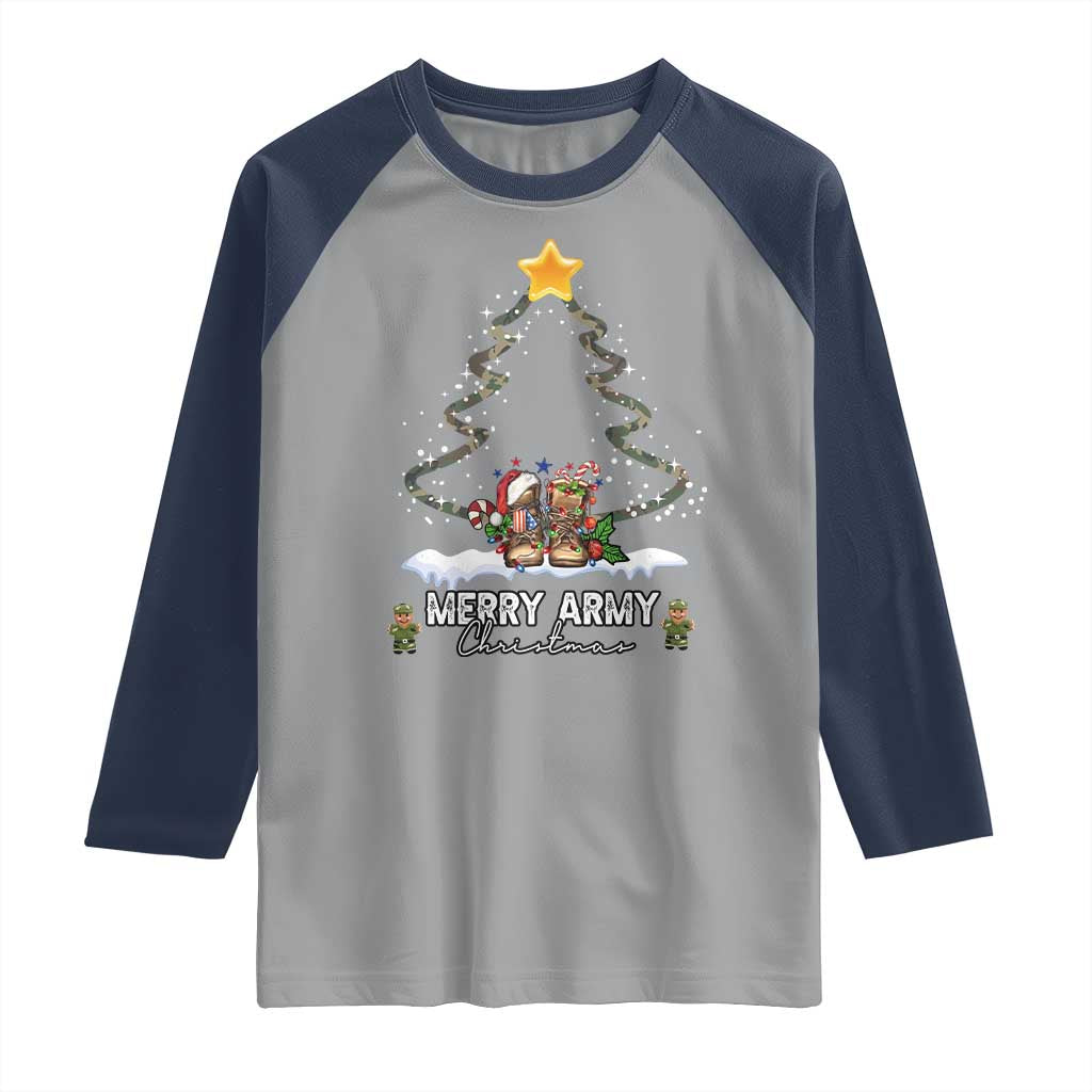 Merry Army Christmas Raglan Shirt Military Family Veteran Xmas Gift Camo Boots
