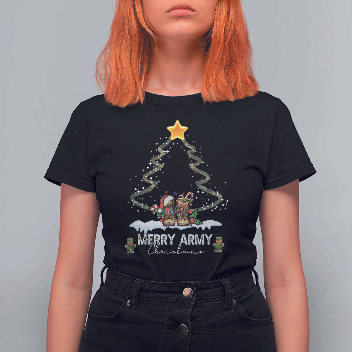 Merry Army Christmas T Shirt For Women Military Family Veteran Xmas Gift Camo Boots - Wonder Print Shop