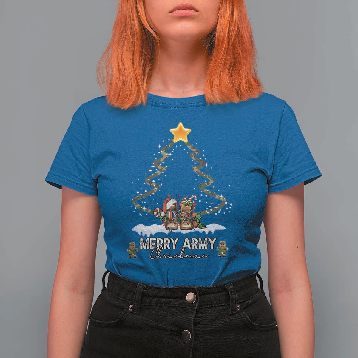 Merry Army Christmas T Shirt For Women Military Family Veteran Xmas Gift Camo Boots - Wonder Print Shop