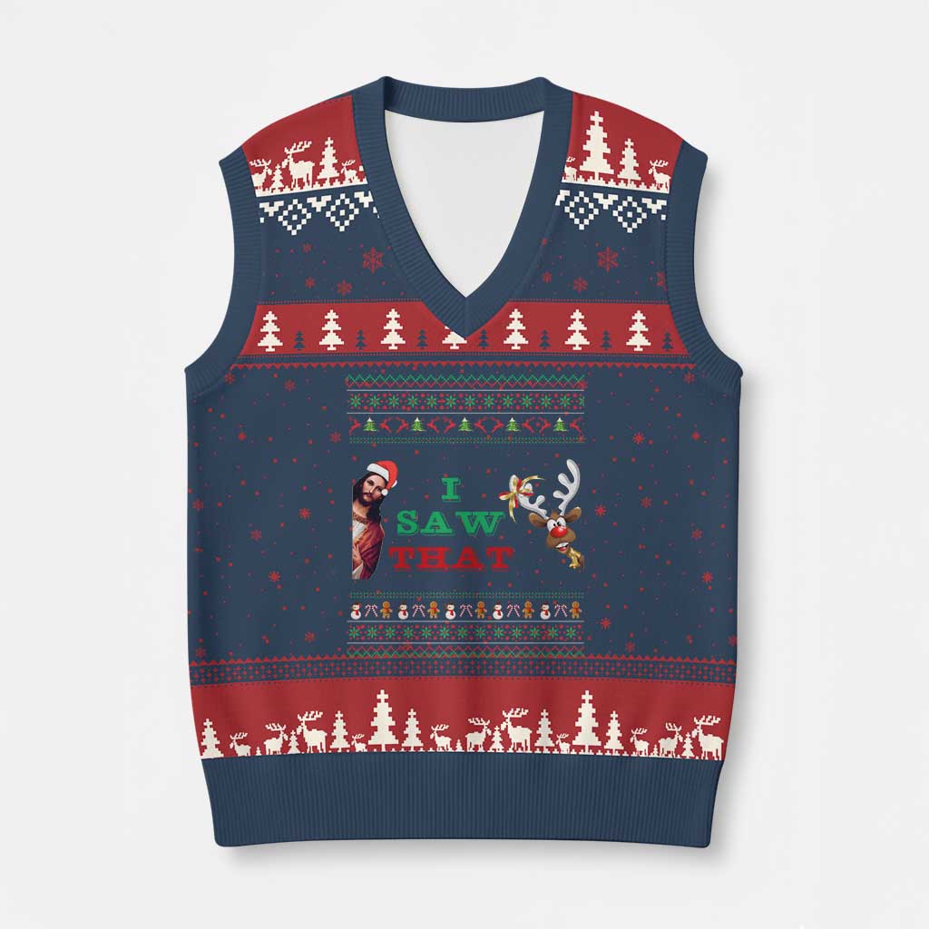 Jesus I Saw That Meme V-Neck Knit Sweater Vest Funny Ugly Xmas Religious Christian - Wonder Print Shop