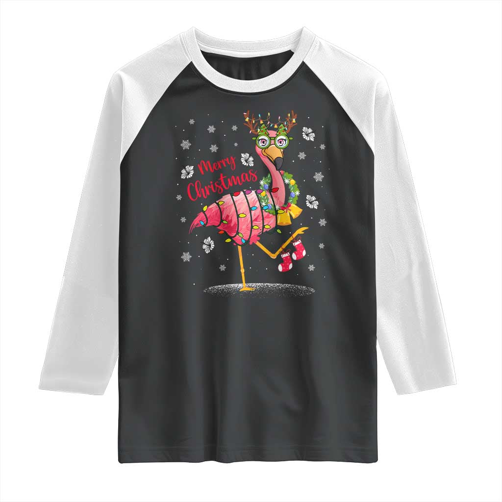 Christmas Flamingo Raglan Shirt Tropical Xmas Family Beach Vacation