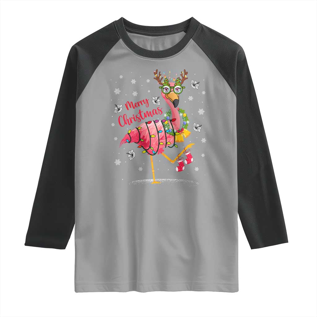 Christmas Flamingo Raglan Shirt Tropical Xmas Family Beach Vacation