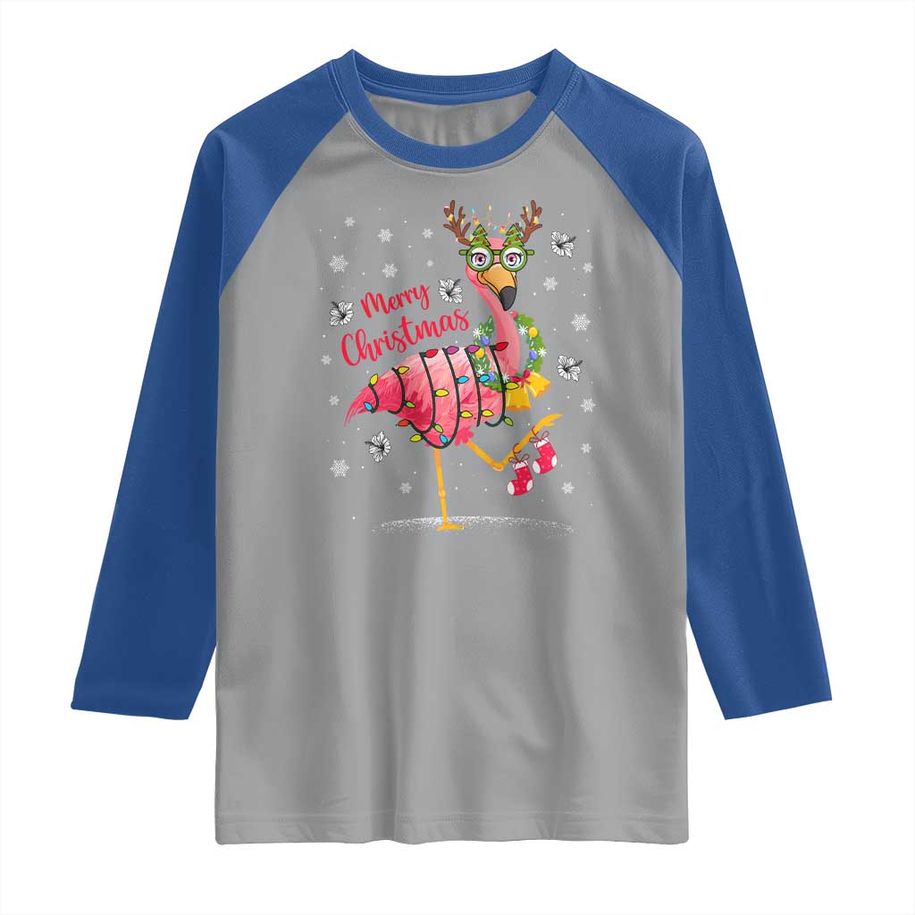 Christmas Flamingo Raglan Shirt Tropical Xmas Family Beach Vacation