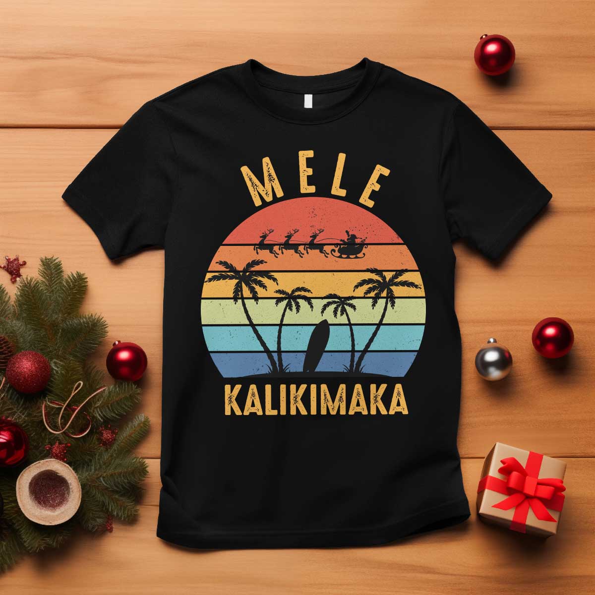 Mele Kalikimaka Hawaiian Christmas T Shirt Retro Hawaii Island Palm Beach Surfboard Surf Xmas Family - Wonder Print Shop