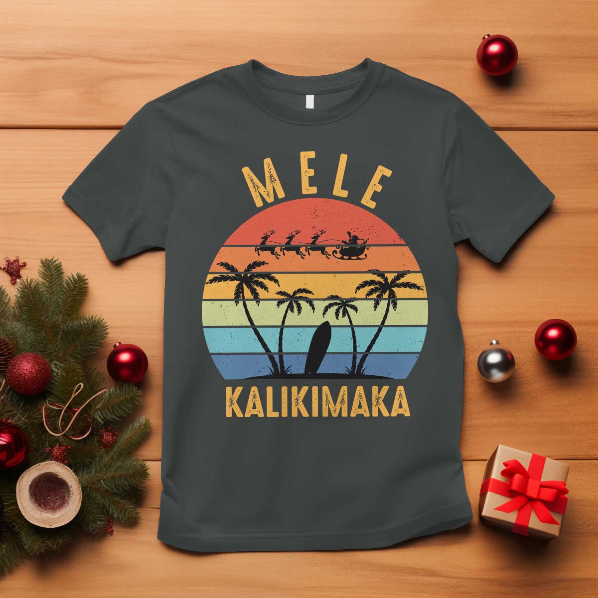 Mele Kalikimaka Hawaiian Christmas T Shirt Retro Hawaii Island Palm Beach Surfboard Surf Xmas Family - Wonder Print Shop