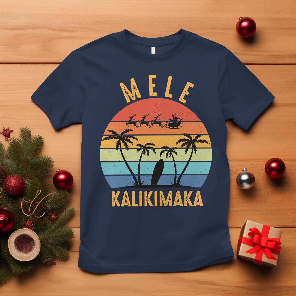 Mele Kalikimaka Hawaiian Christmas T Shirt Retro Hawaii Island Palm Beach Surfboard Surf Xmas Family - Wonder Print Shop