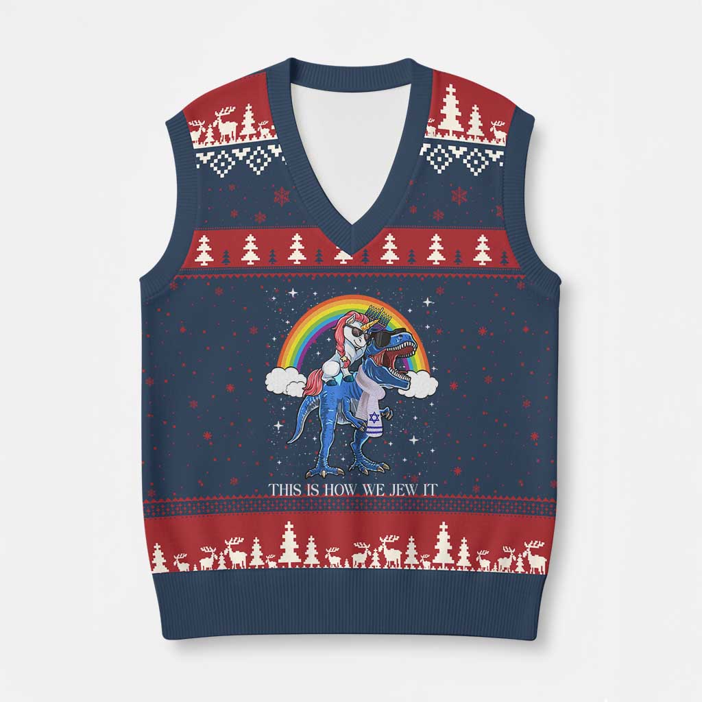 Funny Hanukkah V-Neck Knit Sweater Vest Jewnicorn This Is How We Jew It - Wonder Print Shop