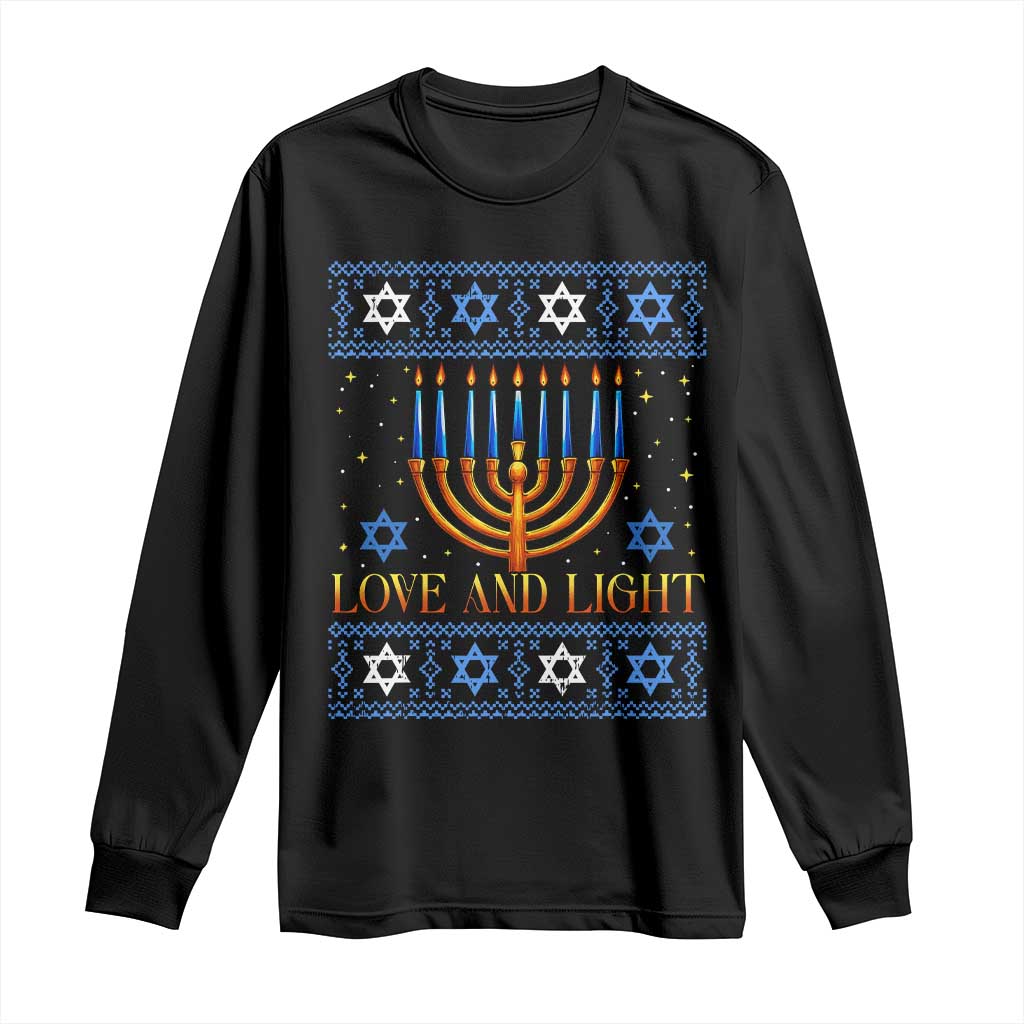 Ugly Hanukkah Long Sleeve Shirt Love and Light Jew Menorah Jewish Chanukah - Wonder Print Shop