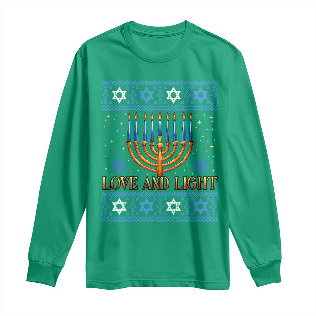 Ugly Hanukkah Long Sleeve Shirt Love and Light Jew Menorah Jewish Chanukah - Wonder Print Shop