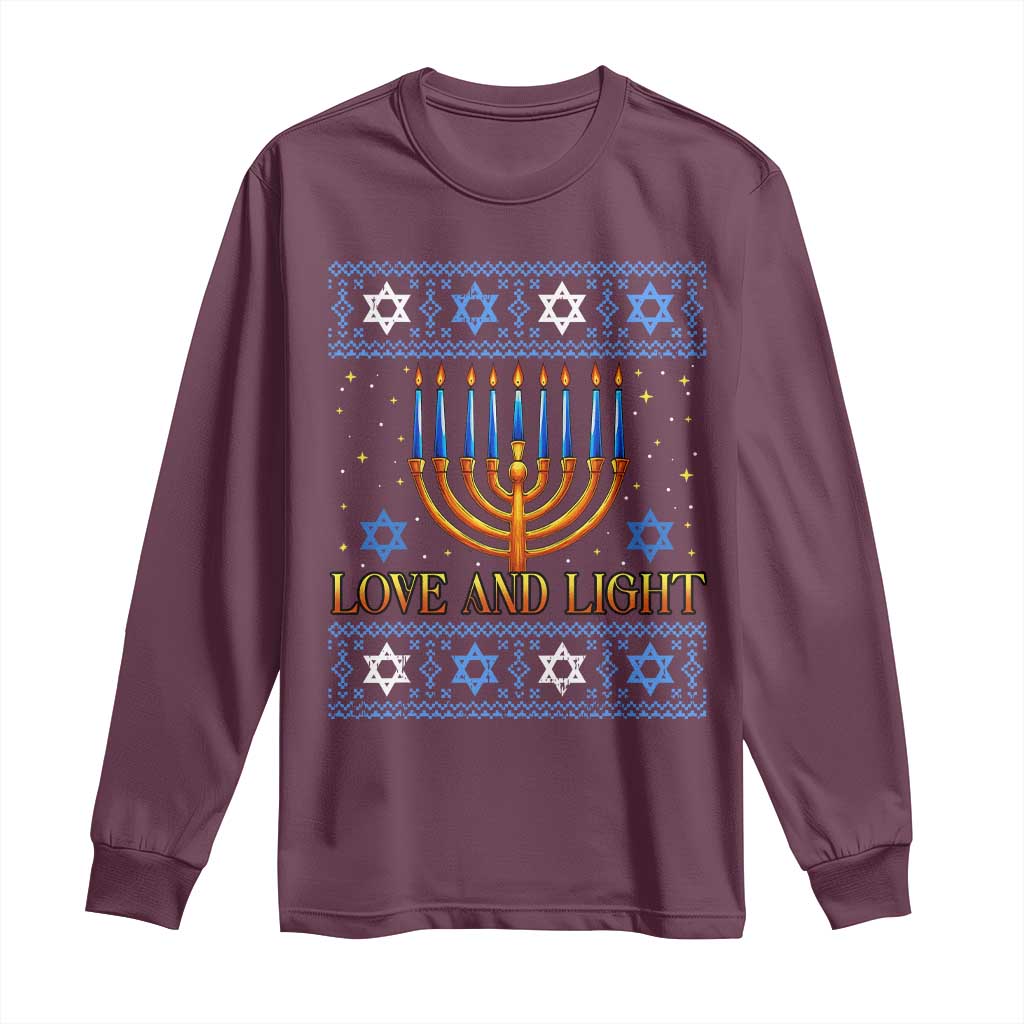 Ugly Hanukkah Long Sleeve Shirt Love and Light Jew Menorah Jewish Chanukah - Wonder Print Shop