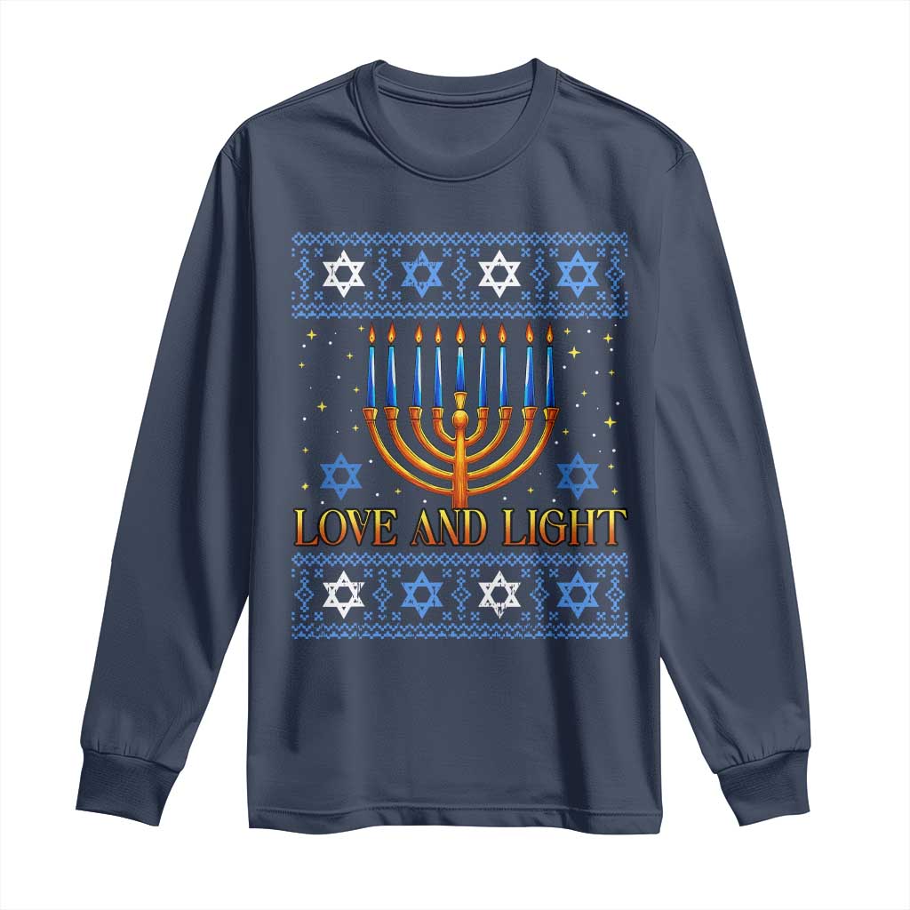 Ugly Hanukkah Long Sleeve Shirt Love and Light Jew Menorah Jewish Chanukah - Wonder Print Shop