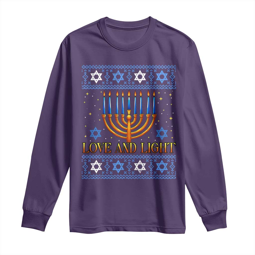 Ugly Hanukkah Long Sleeve Shirt Love and Light Jew Menorah Jewish Chanukah - Wonder Print Shop