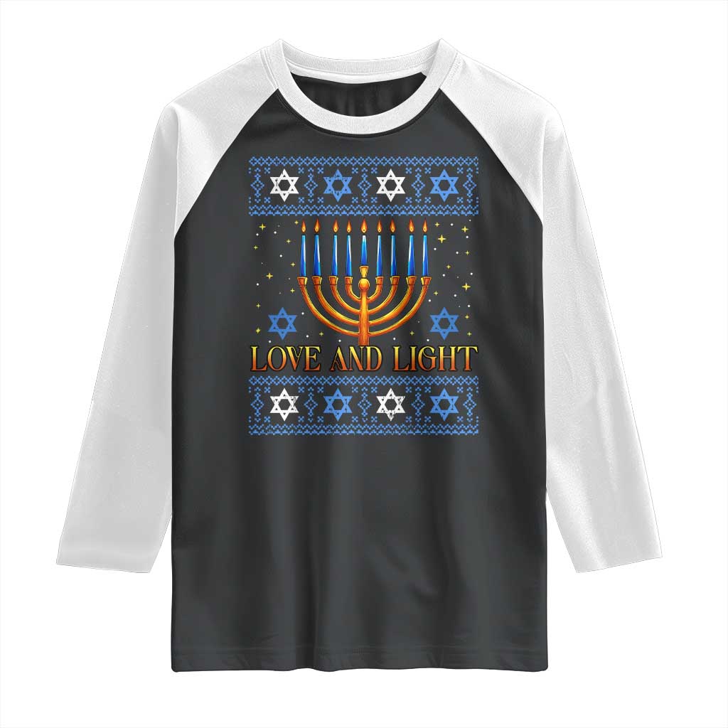 Ugly Hanukkah Raglan Shirt Love and Light Jew Menorah Jewish Chanukah - Wonder Print Shop
