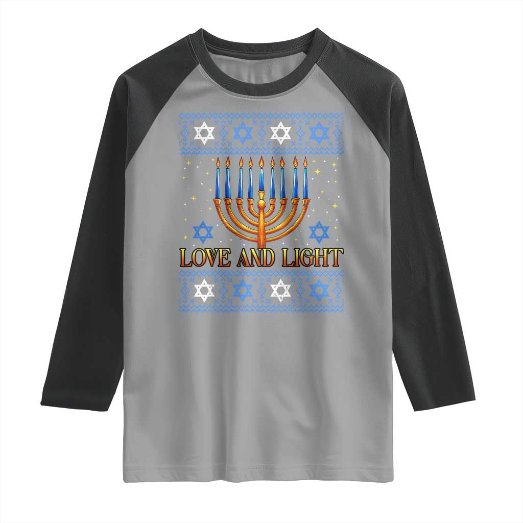 Ugly Hanukkah Raglan Shirt Love and Light Jew Menorah Jewish Chanukah - Wonder Print Shop