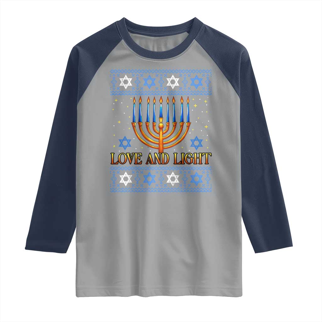 Ugly Hanukkah Raglan Shirt Love and Light Jew Menorah Jewish Chanukah - Wonder Print Shop