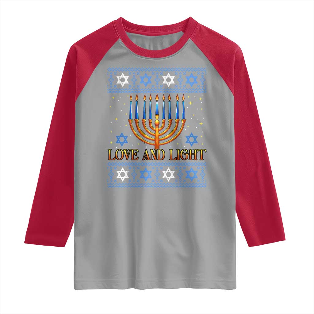 Ugly Hanukkah Raglan Shirt Love and Light Jew Menorah Jewish Chanukah - Wonder Print Shop