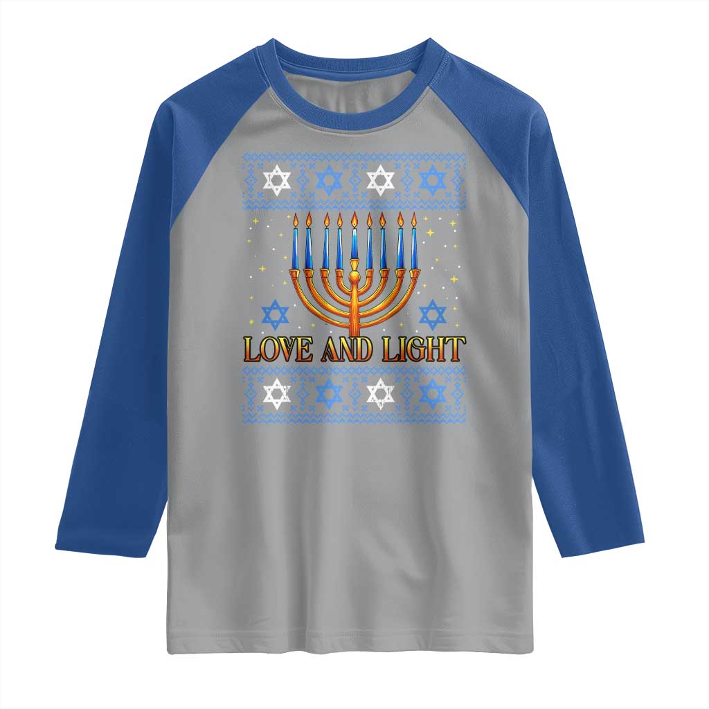 Ugly Hanukkah Raglan Shirt Love and Light Jew Menorah Jewish Chanukah - Wonder Print Shop
