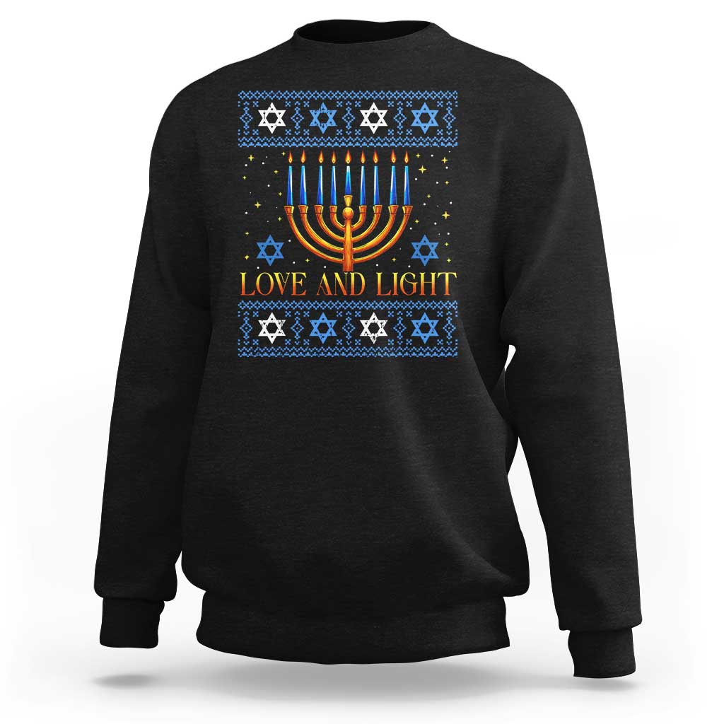 Ugly Hanukkah Sweatshirt Love and Light Jew Menorah Jewish Chanukah - Wonder Print Shop