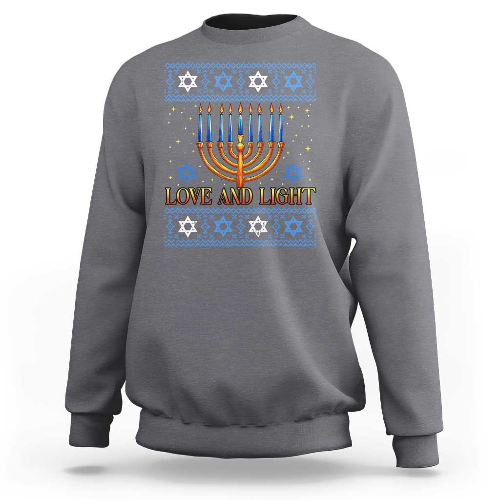 Ugly Hanukkah Sweatshirt Love and Light Jew Menorah Jewish Chanukah - Wonder Print Shop