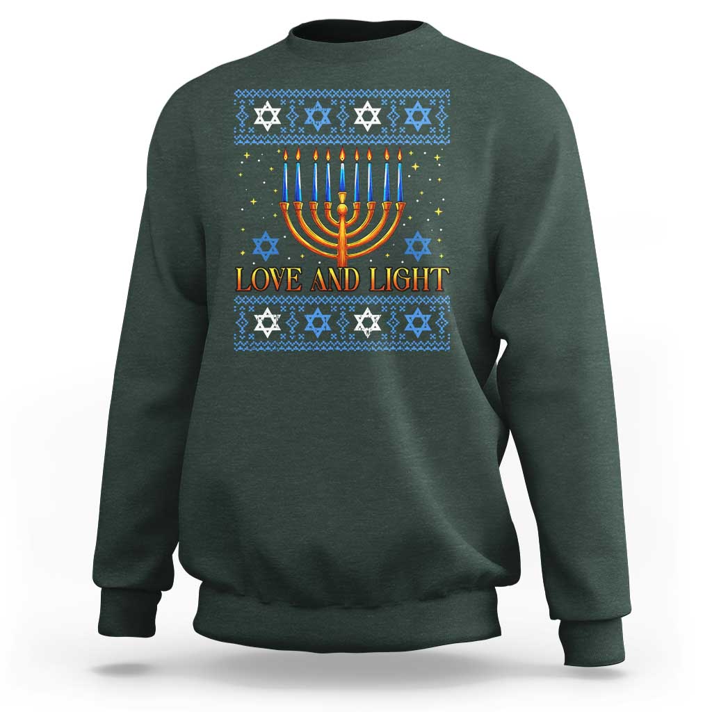 Ugly Hanukkah Sweatshirt Love and Light Jew Menorah Jewish Chanukah - Wonder Print Shop