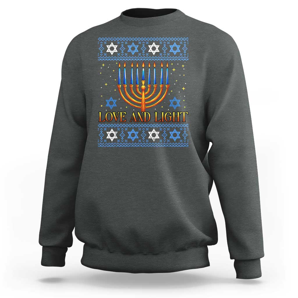 Ugly Hanukkah Sweatshirt Love and Light Jew Menorah Jewish Chanukah - Wonder Print Shop