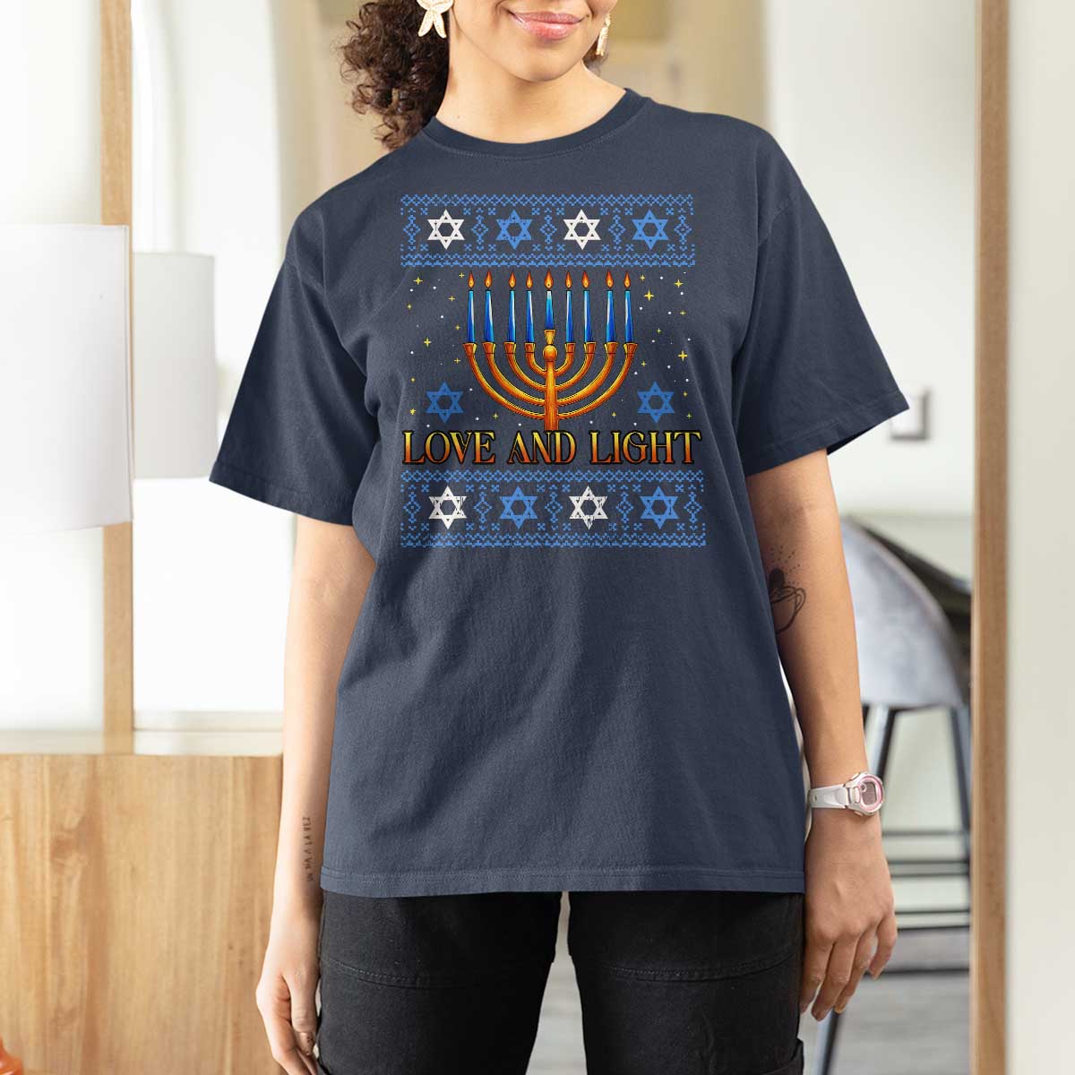 Ugly Hanukkah T Shirt For Women Love and Light Jew Menorah Jewish Chanukah - Wonder Print Shop