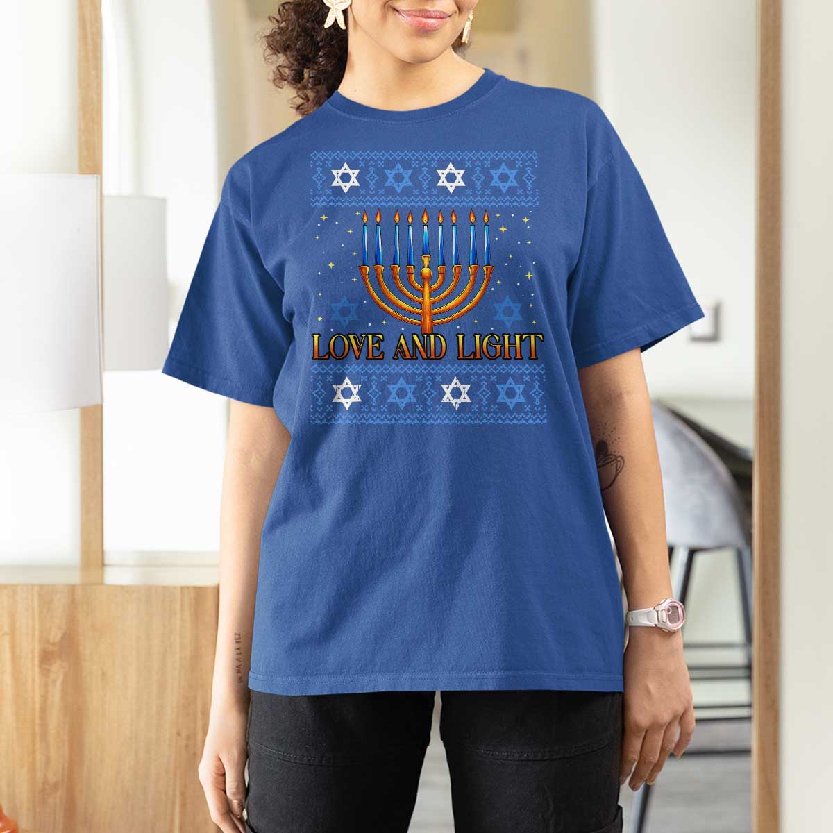 Ugly Hanukkah T Shirt For Women Love and Light Jew Menorah Jewish Chanukah - Wonder Print Shop