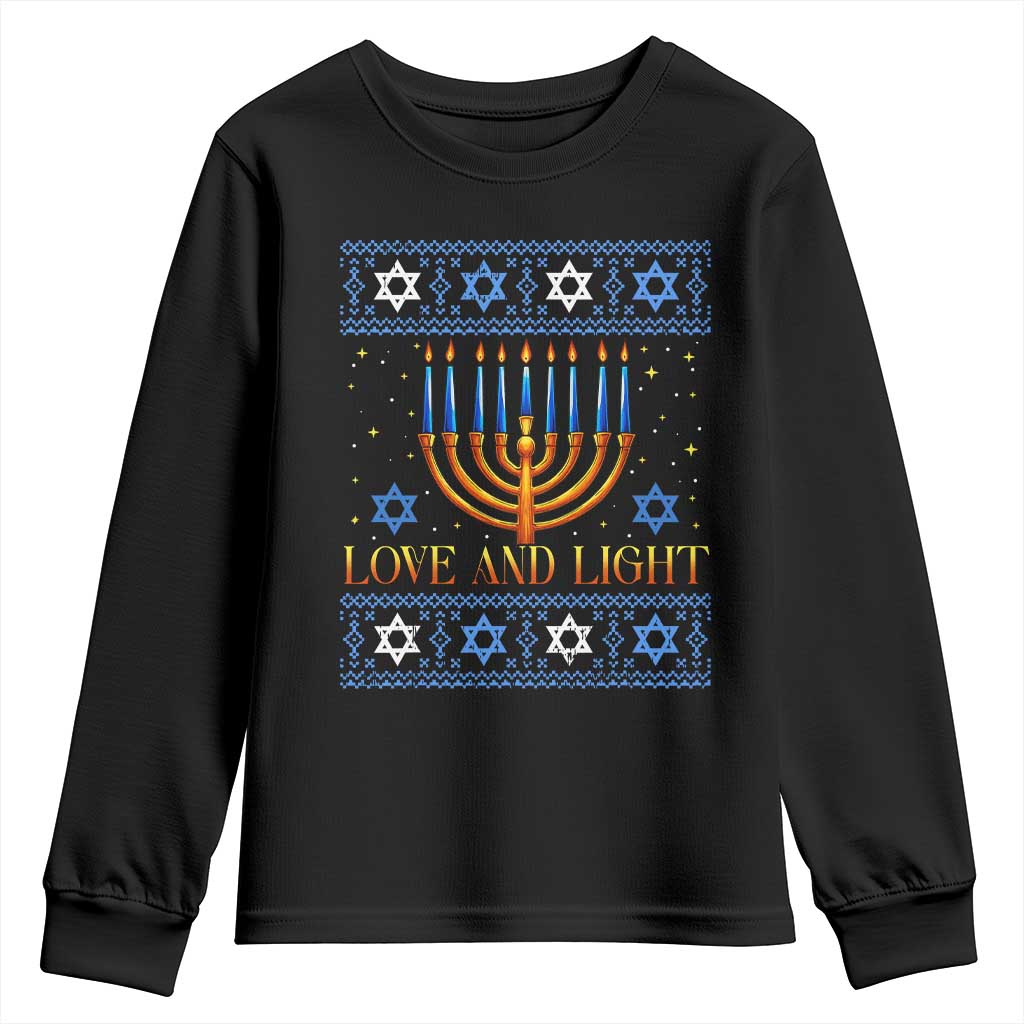 Ugly Hanukkah Youth Sweatshirt Love and Light Jew Menorah Jewish Chanukah - Wonder Print Shop