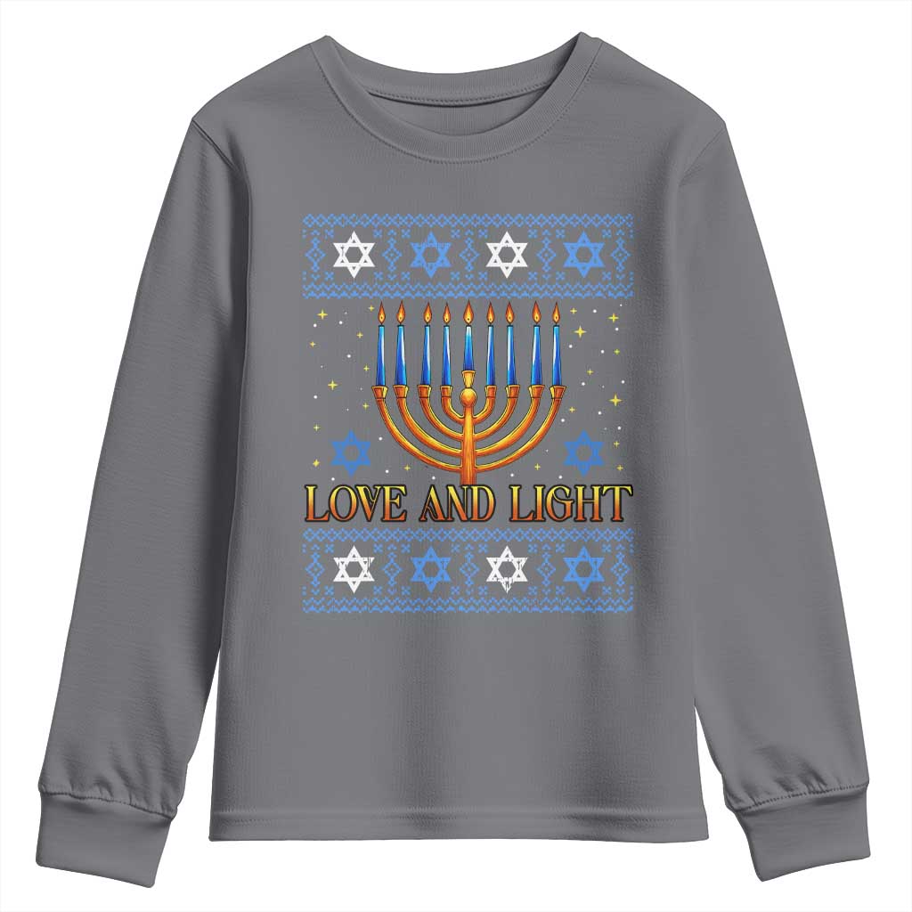 Ugly Hanukkah Youth Sweatshirt Love and Light Jew Menorah Jewish Chanukah - Wonder Print Shop