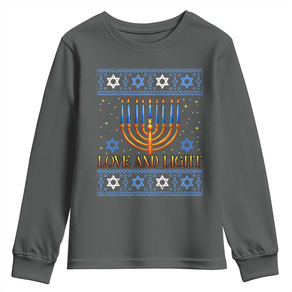 Ugly Hanukkah Youth Sweatshirt Love and Light Jew Menorah Jewish Chanukah - Wonder Print Shop
